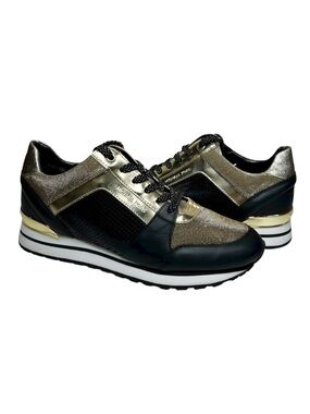 MICHAEL KORS BILLIE Black Leather Gold Metallic Mesh Versatile Sneakers Shoe 10M